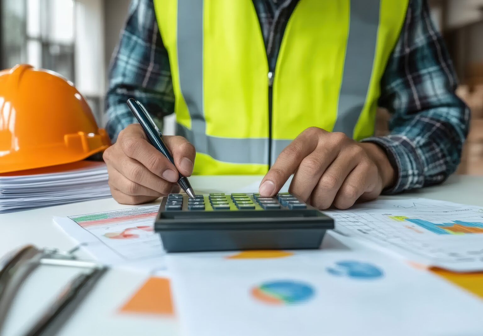 Construction business owner working on bookkeeping at desk